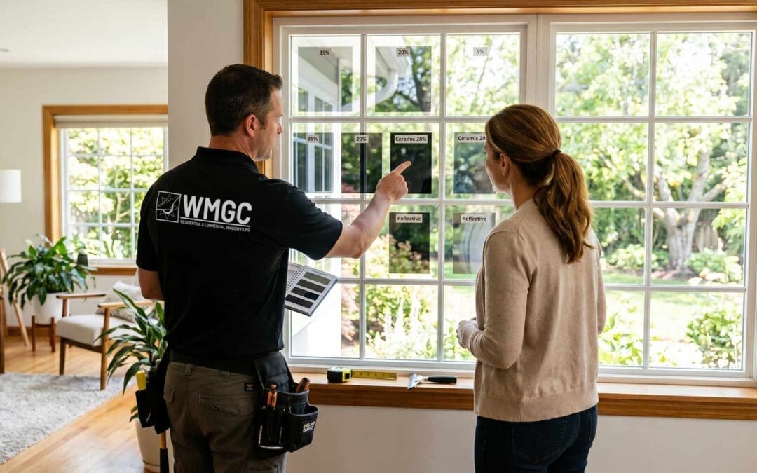 Homeowner reviewing window film samples during in-home consultation