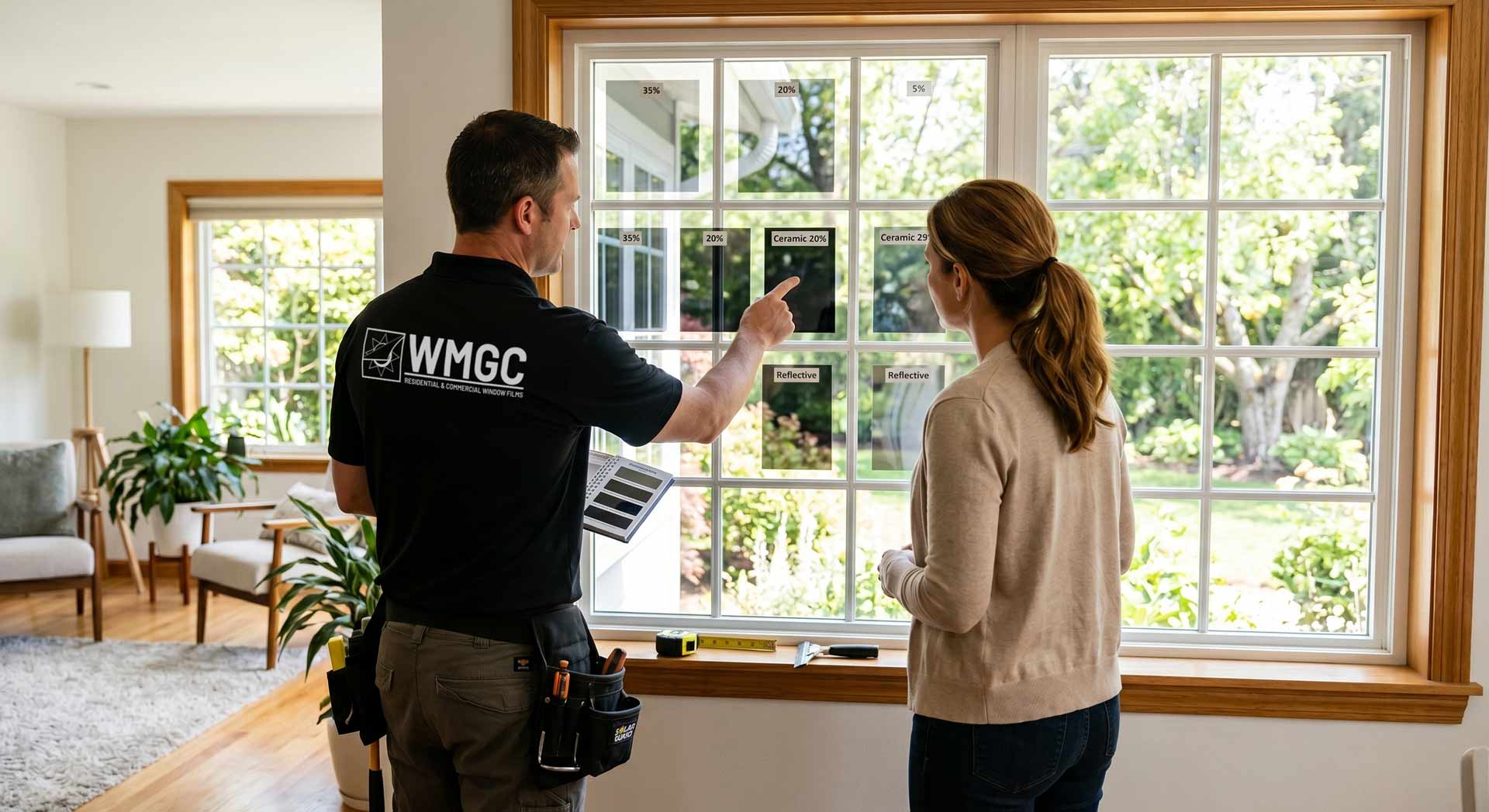 Homeowner reviewing window film samples during in-home consultation