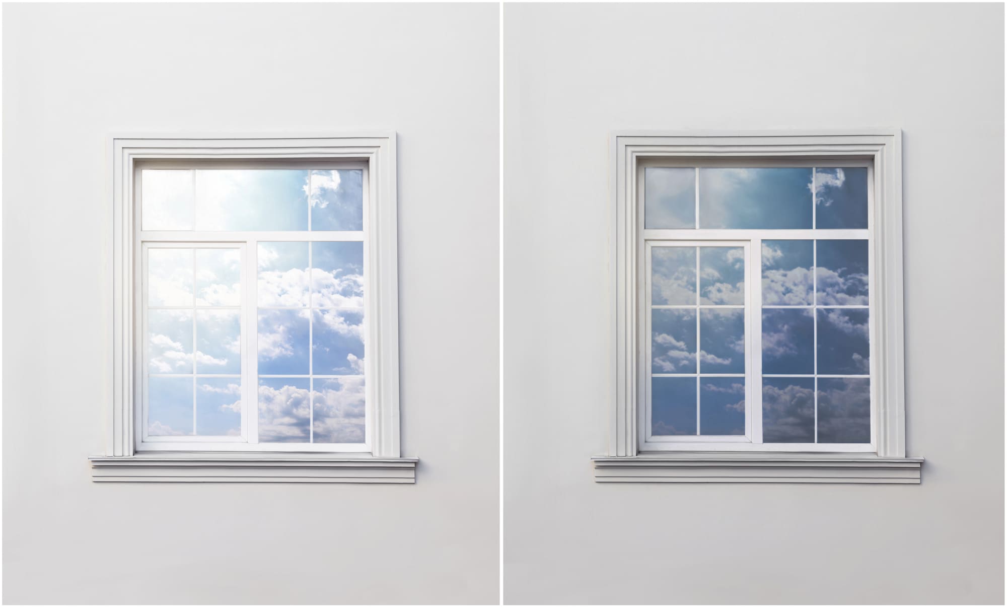 A window with tint film applied vs a window with no film applied